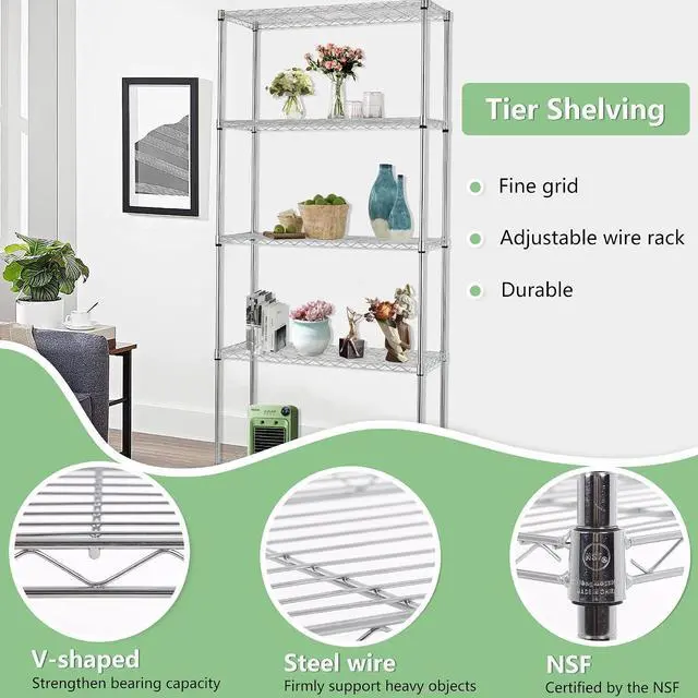 Alt view image 4 of 7 - FDW 14" D×24" W×60" H Wire Shelving Unit Metal Commercial Shelf with 5 Tier Layer Rack Strong Steel for Restaurant Garage Pantry Kitchen Garage,Chrome