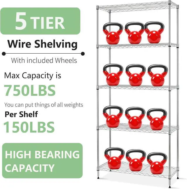 Alt view image 7 of 7 - FDW 14" D×24" W×60" H Wire Shelving Unit Metal Commercial Shelf with 5 Tier Layer Rack Strong Steel for Restaurant Garage Pantry Kitchen Garage,Chrome