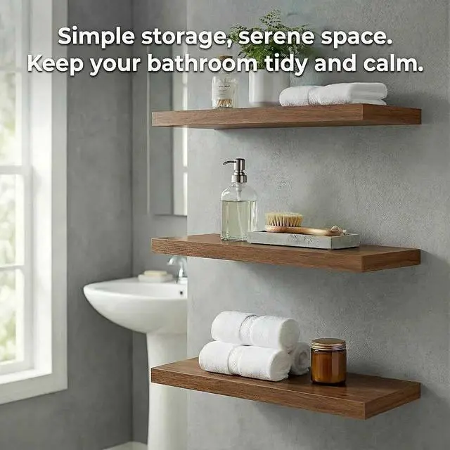 Alt view image 2 of 7 - SAUMONIERES Floating Shelves Wall Shelf Solid Wood for Bathroom Bedroom Kitchen Storage Set of 3, Walnut Wall Shelves