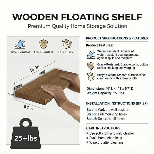 Alt view image 3 of 7 - SAUMONIERES Floating Shelves Wall Shelf Solid Wood for Bathroom Bedroom Kitchen Storage Set of 3, Walnut Wall Shelves