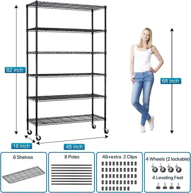 Alt view image 2 of 7 - Dkeli Metal Shelves Garage Shelving Wire Shelving Unit with Wheels, 6000lbs Weight Capacity Heavy Duty NSF Height Adjustable Storage Shelves 6 Tier Steel Commercial Grade Wire Rack (Black, 82x45x18)