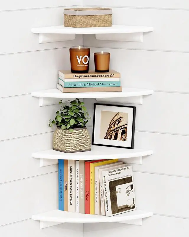 Main image of Forbena Corner White Floating Book Shelves for Wall Set of 4, Wood Nursery Corner Bookshelf for Kids Bedroom, Large Modern Round Wall Bookshelves for Living Room Decor, Indoor Plants, Bathroom