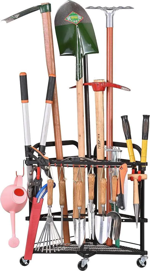 Main image of PLKOW Garden Tool Organizer with Wheels and Storage Hooks, Rolling Corner Tool Storage Rack for Garden, Shed, Garage, Powder Coated Steel, Black