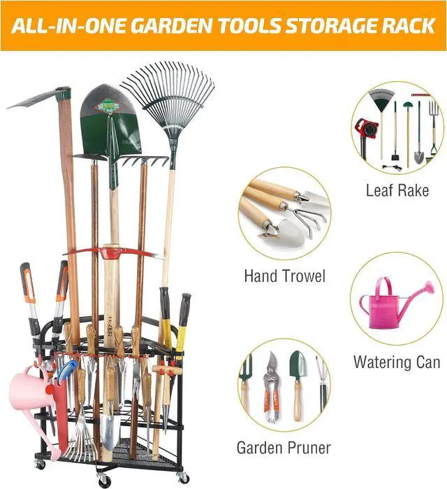 Alt view image 5 of 7 - PLKOW Garden Tool Organizer with Wheels and Storage Hooks, Rolling Corner Tool Storage Rack for Garden, Shed, Garage, Powder Coated Steel, Black