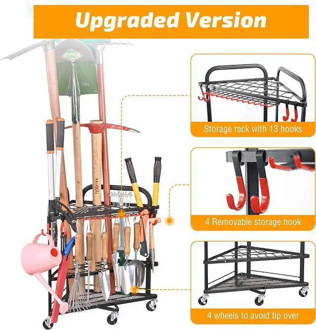 Alt view image 4 of 7 - PLKOW Garden Tool Organizer with Wheels and Storage Hooks, Rolling Corner Tool Storage Rack for Garden, Shed, Garage, Powder Coated Steel, Black