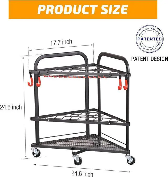 Alt view image 6 of 7 - PLKOW Garden Tool Organizer with Wheels and Storage Hooks, Rolling Corner Tool Storage Rack for Garden, Shed, Garage, Powder Coated Steel, Black