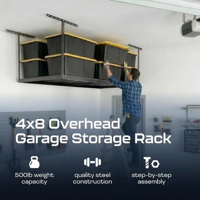 Alt view image 2 of 7 - MonsterRax 4x8 Overhead Garage Storage Rack, Gray, 12"-24" Height