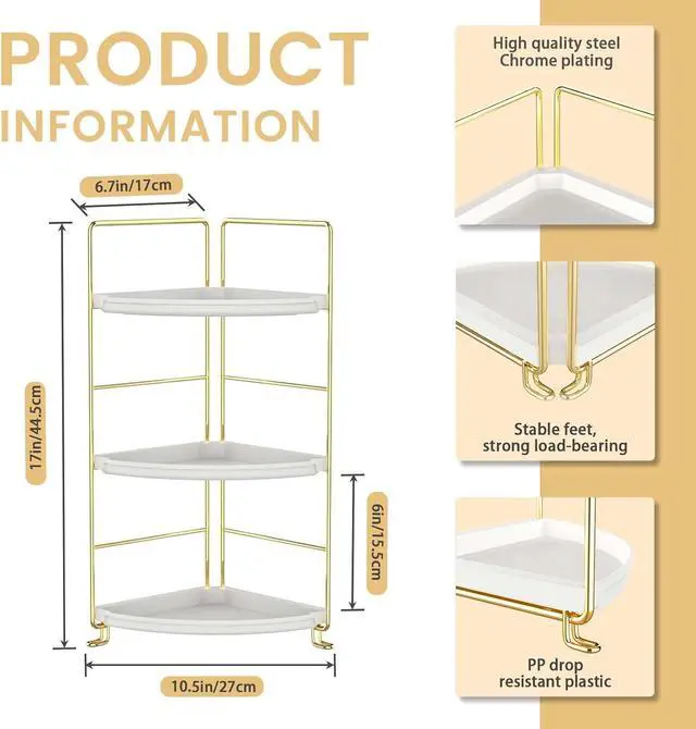 Alt view image 3 of 7 - 3-Tier Bathroom Organizer Countertop, Corner Bathroom Counter Organizer, Makeup for Vanity Skincare Organizers and Storage, Kitchen Counter Organizer Perfume Organizer (Gold)