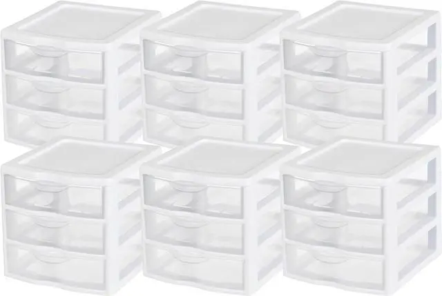 Main image of Sterilite Clearview Plastic Multipurpose Small 3 Drawer Desktop Storage Organization Unit for Home, Classrooms, or Office Spaces, White, (Pack of 6)