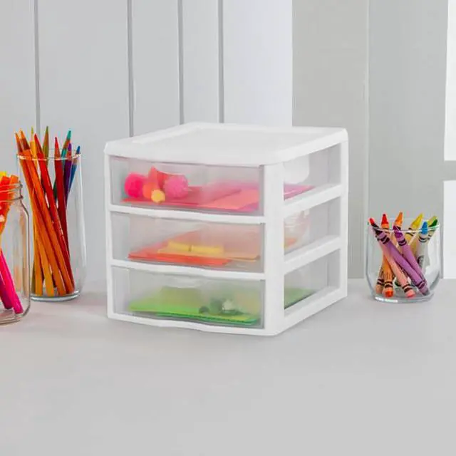 Alt view image 2 of 7 - Sterilite Clearview Plastic Multipurpose Small 3 Drawer Desktop Storage Organization Unit for Home, Classrooms, or Office Spaces, White, (Pack of 6)