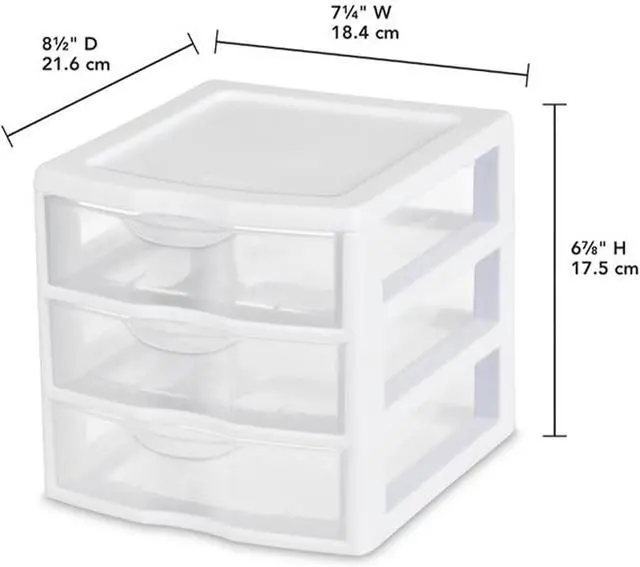 Alt view image 3 of 7 - Sterilite Clearview Plastic Multipurpose Small 3 Drawer Desktop Storage Organization Unit for Home, Classrooms, or Office Spaces, White, (Pack of 6)