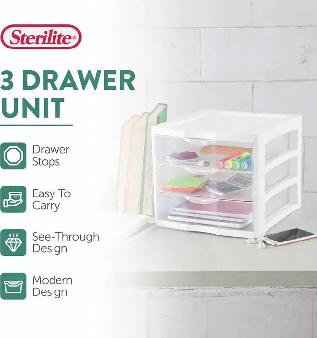 Alt view image 4 of 7 - Sterilite Clearview Plastic Multipurpose Small 3 Drawer Desktop Storage Organization Unit for Home, Classrooms, or Office Spaces, White, (Pack of 6)