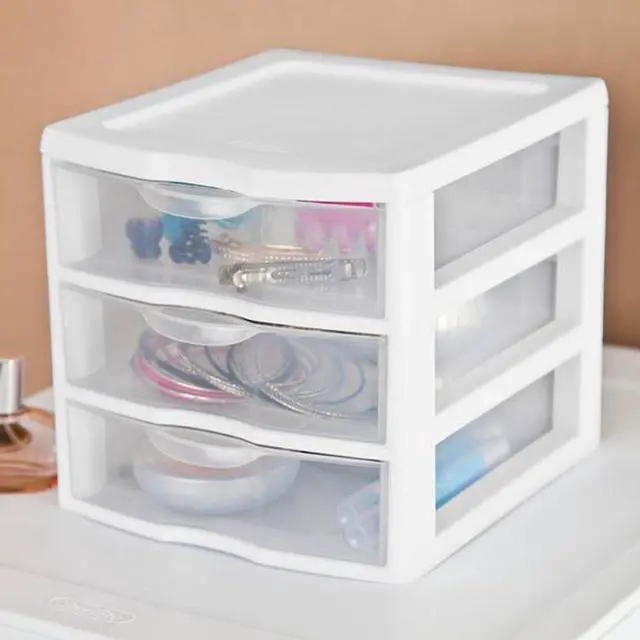 Alt view image 7 of 7 - Sterilite Clearview Plastic Multipurpose Small 3 Drawer Desktop Storage Organization Unit for Home, Classrooms, or Office Spaces, White, (Pack of 6)