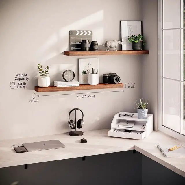 Alt view image 2 of 7 - Ballucci Floating Shelves, 36" Wood Wall Shelf Set of 2, with Invisible Brackets for Bathroom, Living Room, Bedroom, Kitchen, Nursery, 6" Deep, Rustic Brown