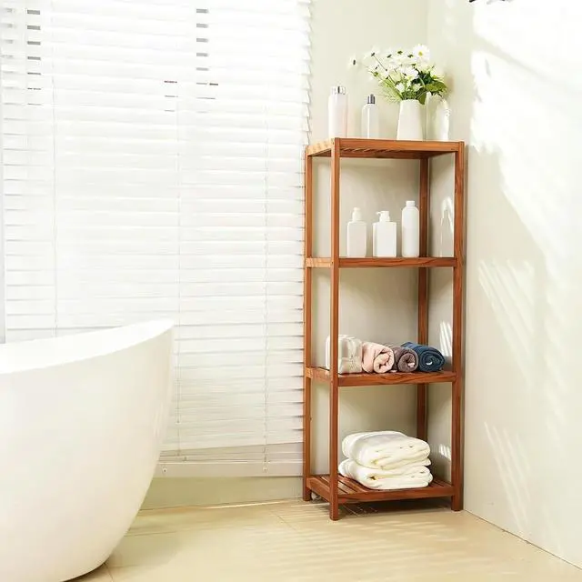 Alt view image 4 of 6 - VaeFae Teak Bathroom Shelf, 4-Tier Storage Shelf, Wooden Stand Shelf Organizer for Bathroom, Kitchen, Living Room, Laundry, Garage