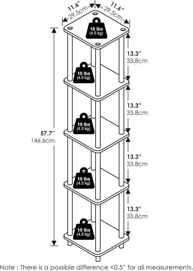 Alt view image 3 of 6 - FURINNO Turn-N-Tube 5-Tier Corner Square Rack Display Shelf, Round, Light Cherry/Black