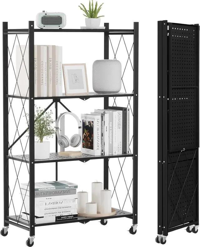 Main image of ALANNG 4 Tier Folding Storage Shelf on Wheels,Heavy Duty Metal Rolling Cart