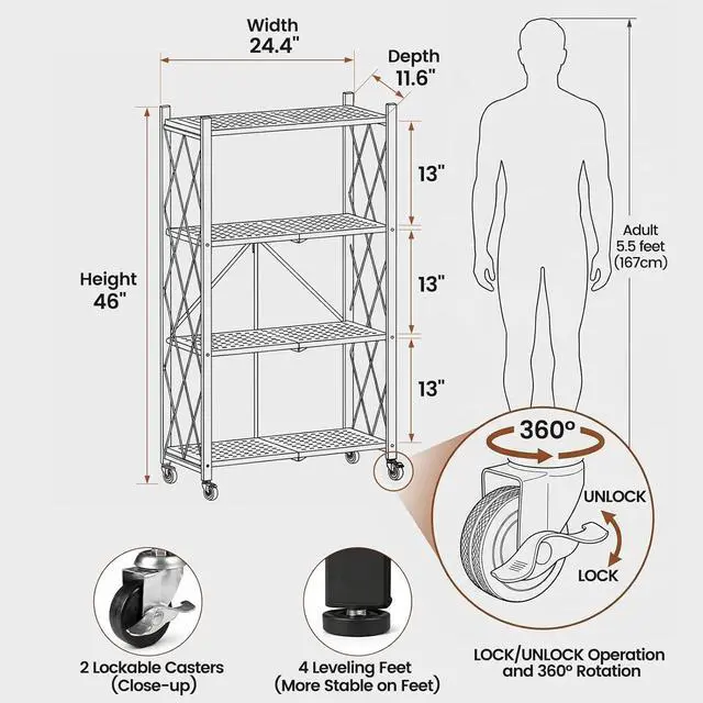 Alt view image 2 of 7 - ALANNG 4 Tier Folding Storage Shelf on Wheels,Heavy Duty Metal Rolling Cart