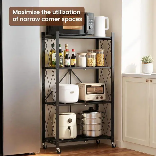 Alt view image 3 of 7 - ALANNG 4 Tier Folding Storage Shelf on Wheels,Heavy Duty Metal Rolling Cart