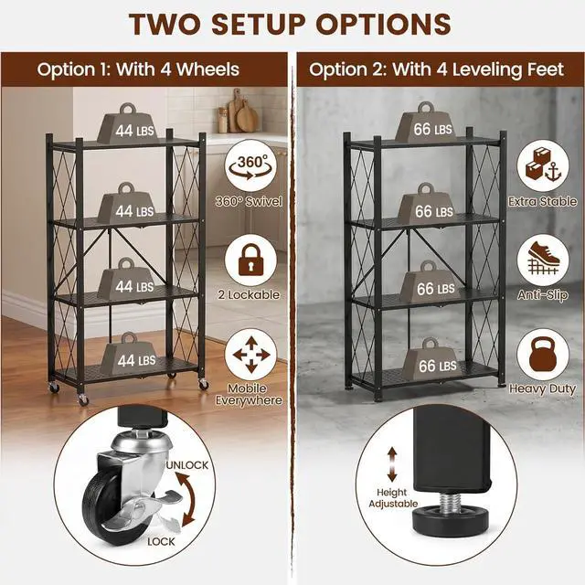 Alt view image 4 of 7 - ALANNG 4 Tier Folding Storage Shelf on Wheels,Heavy Duty Metal Rolling Cart