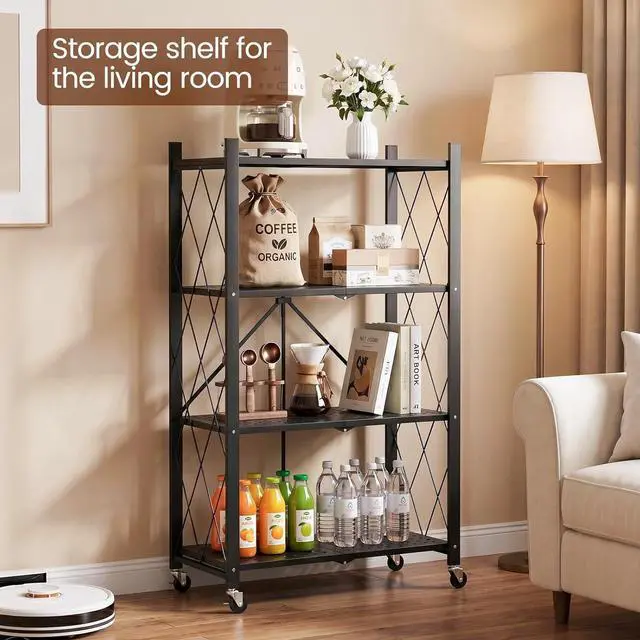 Alt view image 5 of 7 - ALANNG 4 Tier Folding Storage Shelf on Wheels,Heavy Duty Metal Rolling Cart