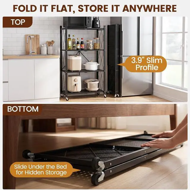 Alt view image 6 of 7 - ALANNG 4 Tier Folding Storage Shelf on Wheels,Heavy Duty Metal Rolling Cart