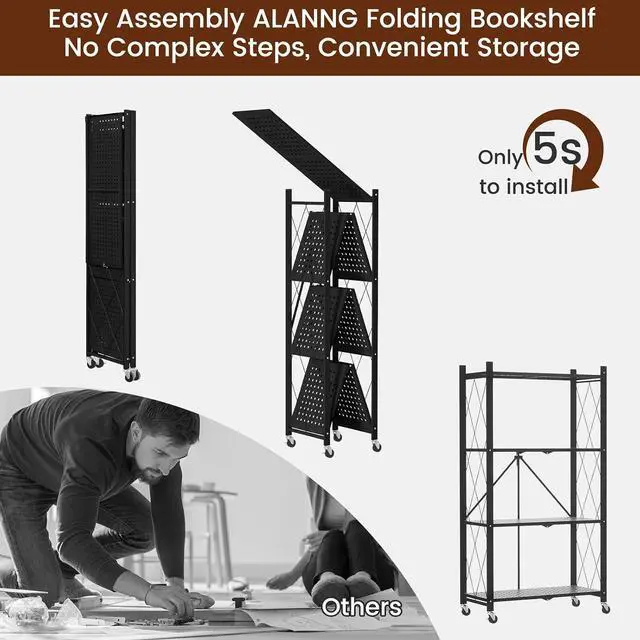 Alt view image 7 of 7 - ALANNG 4 Tier Folding Storage Shelf on Wheels,Heavy Duty Metal Rolling Cart