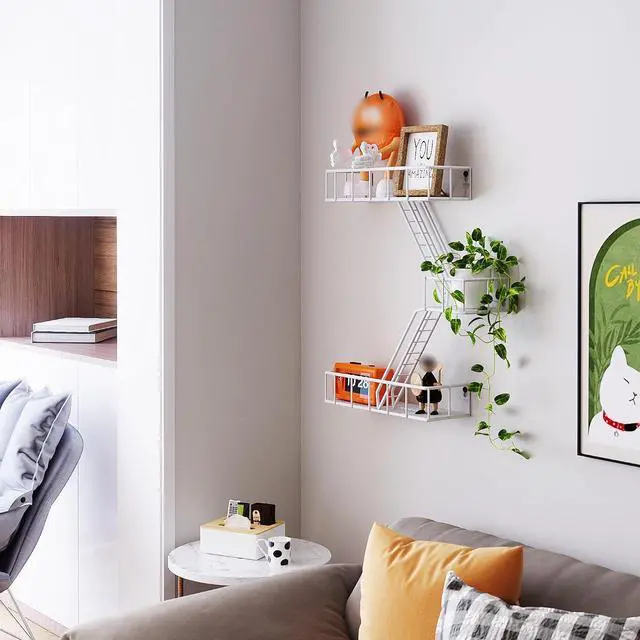 Alt view image 2 of 7 - Fire Escape Wall Shelf with Baskets, 3-Tier Metal Fire Escape Ladder Shelf Wall Organizer, New York Inspired Decorative Shelf, White Floating Action Figurine Display Shelves for Bedroom, Home Décor.