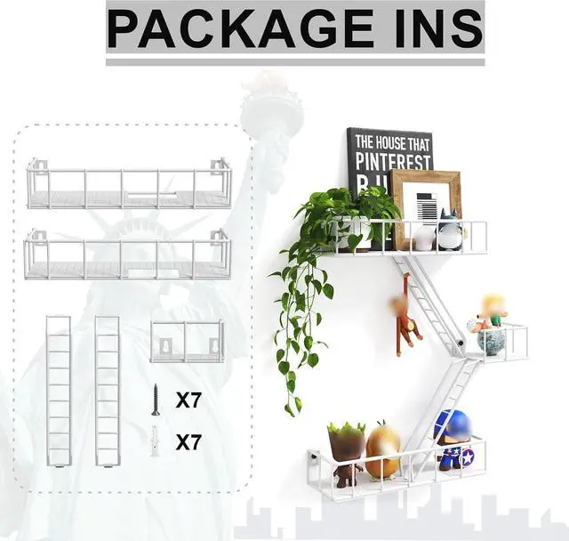 Alt view image 7 of 7 - Fire Escape Wall Shelf with Baskets, 3-Tier Metal Fire Escape Ladder Shelf Wall Organizer, New York Inspired Decorative Shelf, White Floating Action Figurine Display Shelves for Bedroom, Home Décor.
