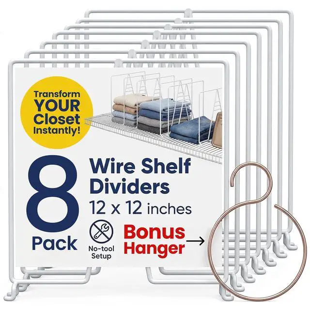 Main image of White Wire Shelf Dividers for Closet Organization 12-Pack - Sturdy and Easy Set-Up Closet Shelf Dividers with Bonus Rose Gold Hanger - 12 inches x 12 inches