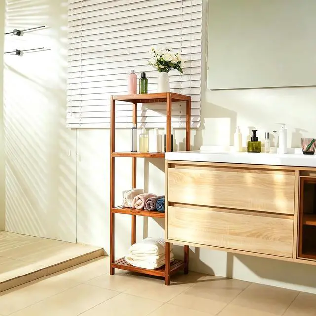Alt view image 2 of 6 - VaeFae Teak Bathroom Shelf, 4-Tier Storage Shelf, Wooden Stand Shelf Organizer for Bathroom, Kitchen, Living Room, Laundry, Garage