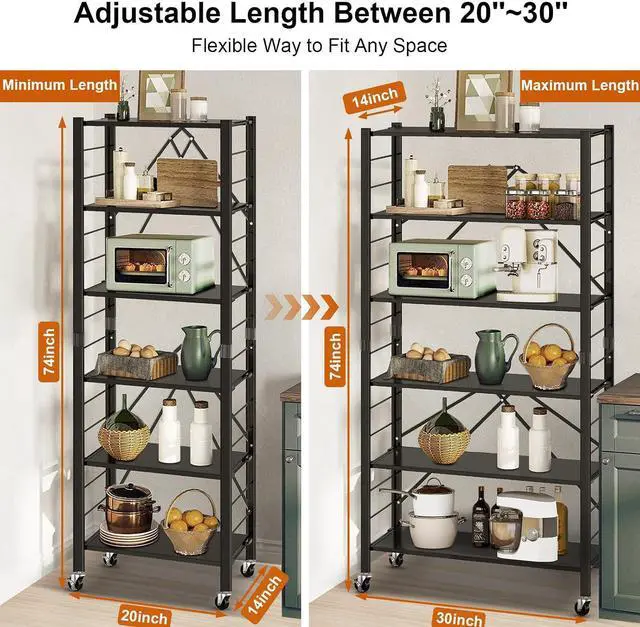 Alt view image 2 of 7 - Himix 6-Tier Foldable Storage Shelves with Wheels Adjustable Kitchen Black