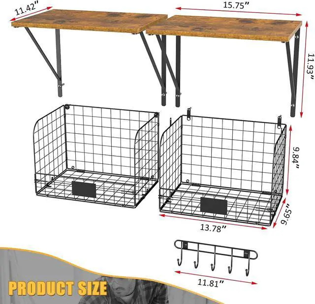 Alt view image 3 of 6 - ThreeHio 2 Pack Garage Shelves Wall Mounted with Wire Storage baskets, Heavy Duty Garage Wall Shelving with Hooks, Wooden floating shelves Tool Organizer for Home Garden Garage Organizers and Storage