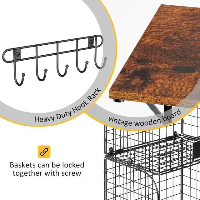 Alt view image 5 of 6 - ThreeHio 2 Pack Garage Shelves Wall Mounted with Wire Storage baskets, Heavy Duty Garage Wall Shelving with Hooks, Wooden floating shelves Tool Organizer for Home Garden Garage Organizers and Storage