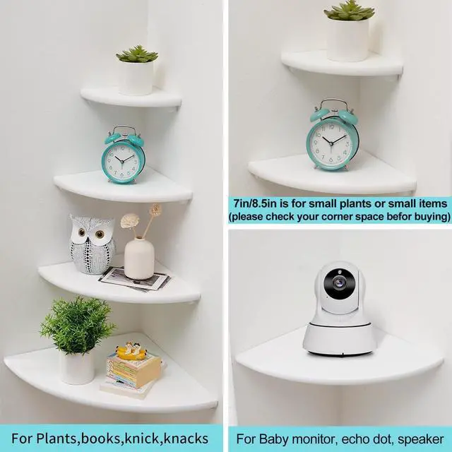 Alt view image 3 of 7 - Corner Shelves, White Floating Corner Shelf, Set of 2 12inch Solid Oak Wood Wall Shelves, Round End Wall Mount with Wire Hole for Small Plant for Bedroom Kitchen, Living Room