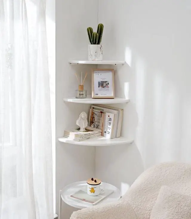 Alt view image 6 of 7 - Corner Shelves, White Floating Corner Shelf, Set of 2 12inch Solid Oak Wood Wall Shelves, Round End Wall Mount with Wire Hole for Small Plant for Bedroom Kitchen, Living Room
