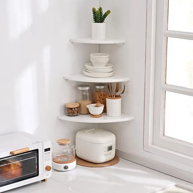 Alt view image 7 of 7 - Corner Shelves, White Floating Corner Shelf, Set of 2 12inch Solid Oak Wood Wall Shelves, Round End Wall Mount with Wire Hole for Small Plant for Bedroom Kitchen, Living Room