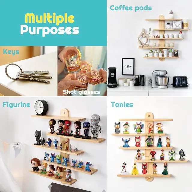 Alt view image 4 of 7 - Wooden Floating Shelves for Wall, Small Wood Display Shelves Rack for Collectibles-Figures, Mini Decor, Toy, Toniebox - 16 inches Sliding Trinket Shelf with 2 Types of Installation