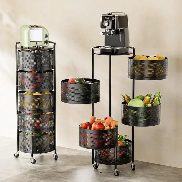 Main image of JAQ No Assembly Rotating Kitchen Storage Rack, 5-Tier Metal Basket Organizer with Wheels, Large Capacity Vertical Storage Cart for Fruit Vegetable Pantry, Potato Onion Organizer, Black