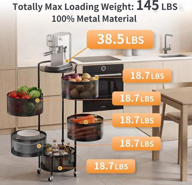 Alt view image 2 of 7 - JAQ No Assembly Rotating Kitchen Storage Rack, 5-Tier Metal Basket Organizer with Wheels, Large Capacity Vertical Storage Cart for Fruit Vegetable Pantry, Potato Onion Organizer, Black