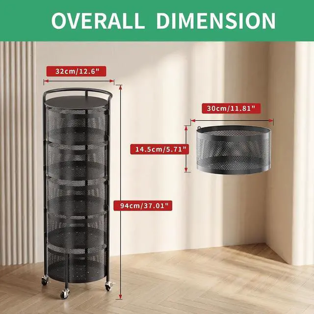 Alt view image 3 of 7 - JAQ No Assembly Rotating Kitchen Storage Rack, 5-Tier Metal Basket Organizer with Wheels, Large Capacity Vertical Storage Cart for Fruit Vegetable Pantry, Potato Onion Organizer, Black