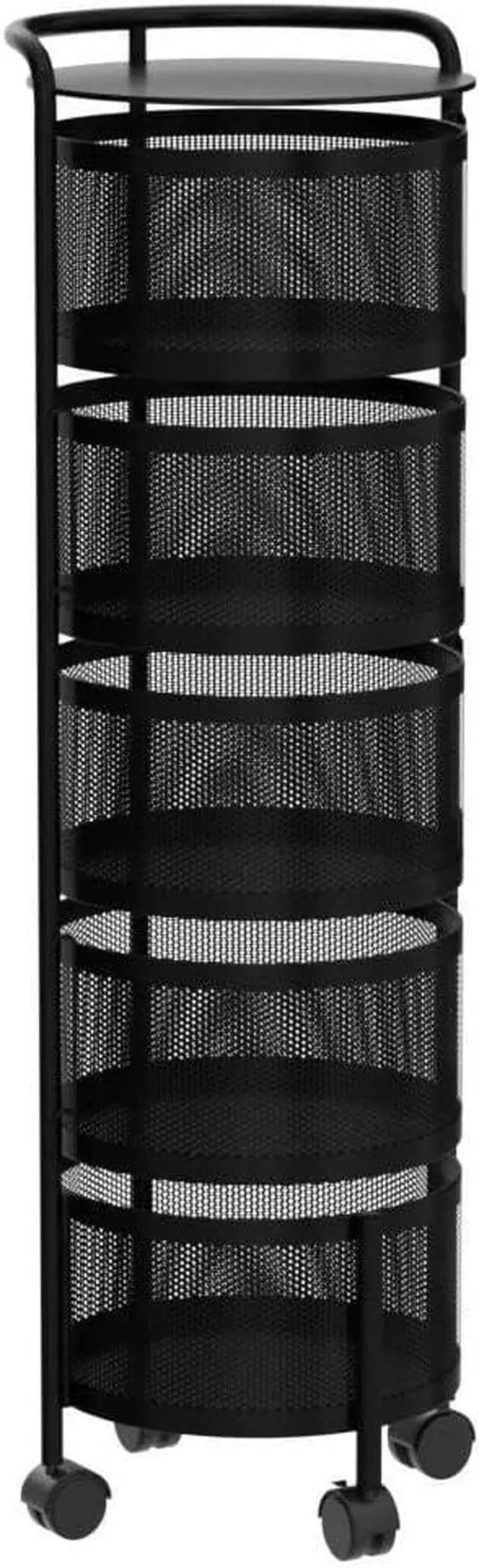 Alt view image 4 of 7 - JAQ No Assembly Rotating Kitchen Storage Rack, 5-Tier Metal Basket Organizer with Wheels, Large Capacity Vertical Storage Cart for Fruit Vegetable Pantry, Potato Onion Organizer, Black