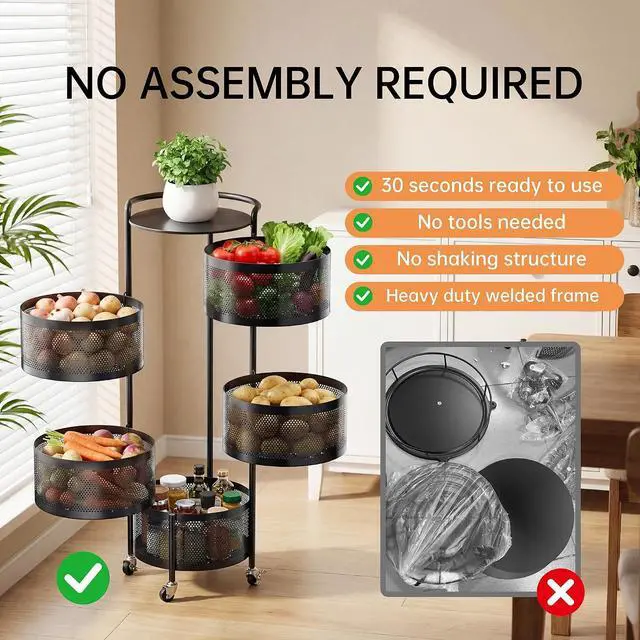 Alt view image 5 of 7 - JAQ No Assembly Rotating Kitchen Storage Rack, 5-Tier Metal Basket Organizer with Wheels, Large Capacity Vertical Storage Cart for Fruit Vegetable Pantry, Potato Onion Organizer, Black
