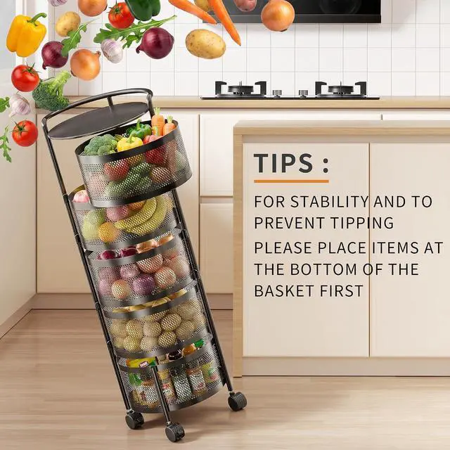 Alt view image 6 of 7 - JAQ No Assembly Rotating Kitchen Storage Rack, 5-Tier Metal Basket Organizer with Wheels, Large Capacity Vertical Storage Cart for Fruit Vegetable Pantry, Potato Onion Organizer, Black
