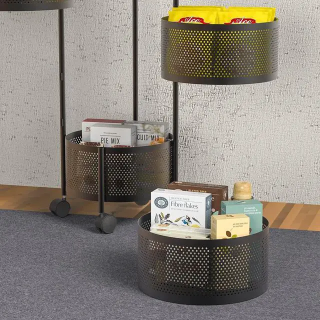 Alt view image 7 of 7 - JAQ No Assembly Rotating Kitchen Storage Rack, 5-Tier Metal Basket Organizer with Wheels, Large Capacity Vertical Storage Cart for Fruit Vegetable Pantry, Potato Onion Organizer, Black