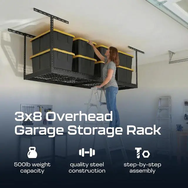 Alt view image 2 of 6 - MonsterRax 3x8 Overhead Garage Storage Rack, Gray, 24"-45" Height