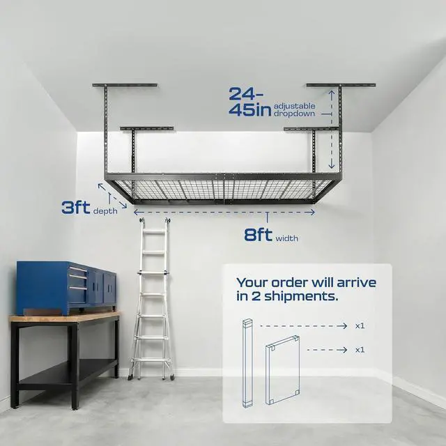 Alt view image 3 of 6 - MonsterRax 3x8 Overhead Garage Storage Rack, Gray, 24"-45" Height