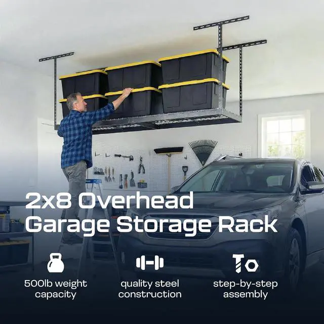 Alt view image 2 of 6 - MonsterRax 2x8 Overhead Garage Storage Rack, Gray, 24"-45" Height