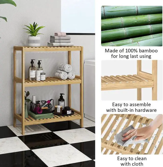 Alt view image 4 of 7 - 3-Tier Bamboo Freestanding Shelf Multi-use Small Bookshelf Bookcase