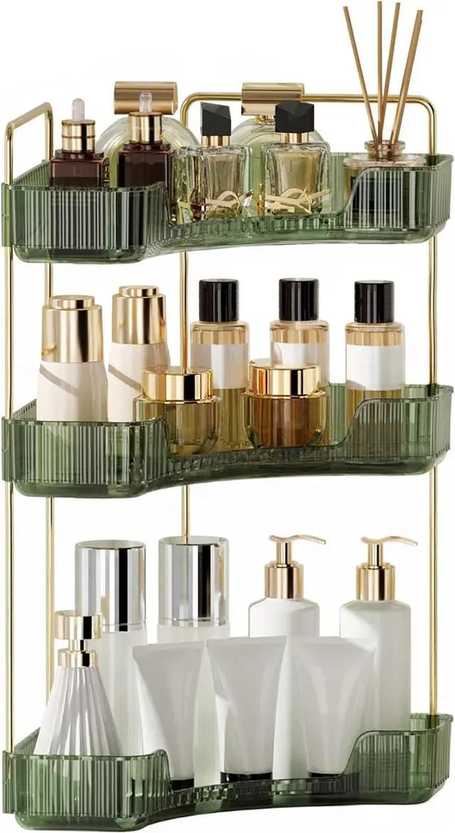 Main image of YCIA&DONE Corner Bathroom Counter Organizer, Makeup Organizer for Vanity, Skincare Cosmetic Perfume Tray, Corner Countertop Shelf Rack Storage for Bathroom Kitchen 3 Tiers (Vintage Green)